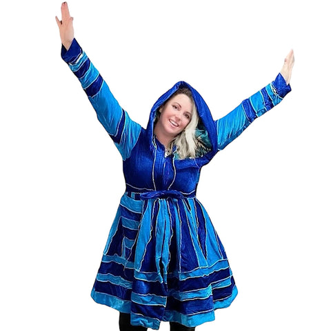 Royal Blue & Vivid Blue Velvet / Blue, Turquoise & Red Cashmilon Pixie / Fairy Pagan Reversable Coat