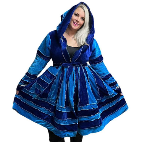 Royal Blue & Vivid Blue Velvet / Blue, Turquoise & Red Cashmilon Pixie / Fairy Pagan Reversable Coat