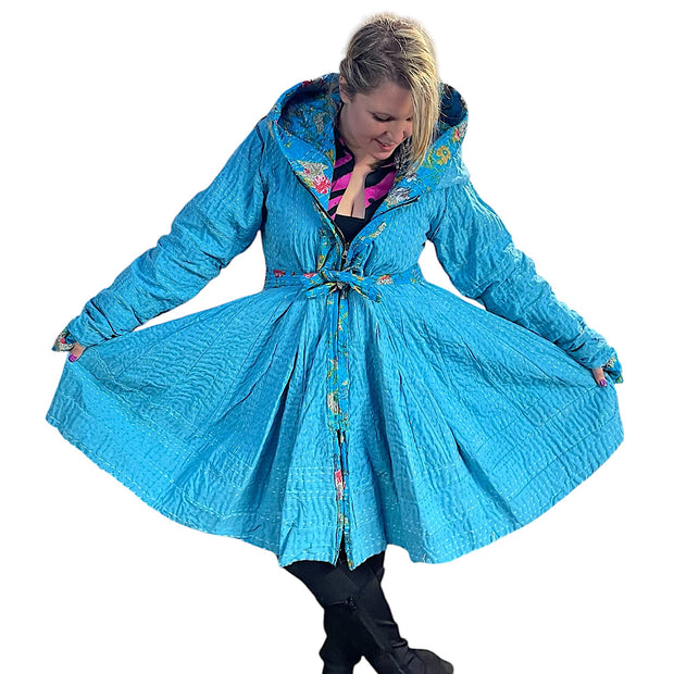 Turquoise Blue Floral Cotton Kantha Pixie / Fairy Pagan Reversible Coat