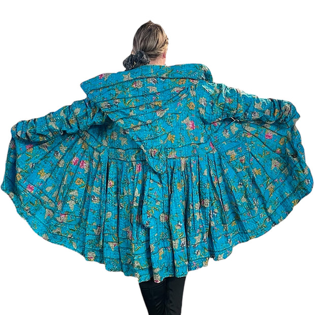 Turquoise Blue Floral Cotton Kantha Pixie / Fairy Pagan Reversible Coat