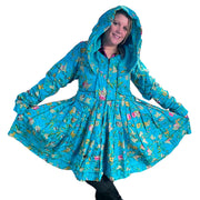 Turquoise Blue Floral Cotton Kantha Pixie / Fairy Pagan Reversible Coat