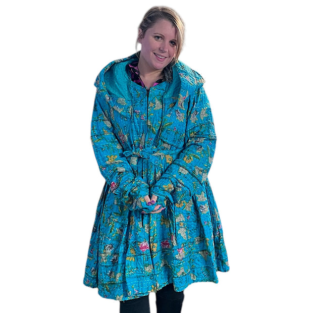 Turquoise Blue Floral Cotton Kantha Pixie / Fairy Pagan Reversible Coat