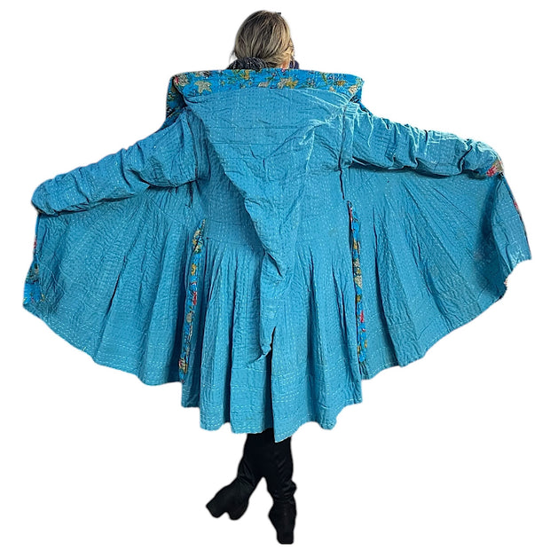 Turquoise Blue Floral Cotton Kantha Pixie / Fairy Pagan Reversible Coat