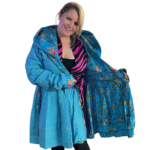 Turquoise Blue Floral Cotton Kantha Pixie / Fairy Pagan Reversible Coat