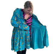 Turquoise Blue Floral Cotton Kantha Pixie / Fairy Pagan Reversible Coat