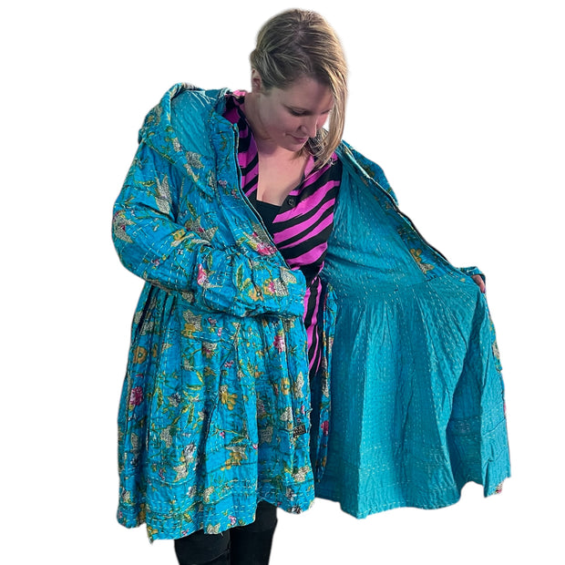 Turquoise Blue Floral Cotton Kantha Pixie / Fairy Pagan Reversible Coat