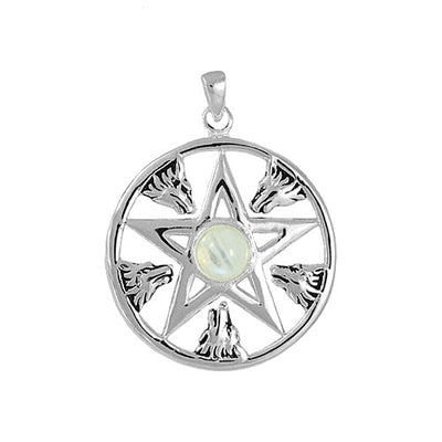 Rainbow Moonstone Wolf Head Pentagram Pendant